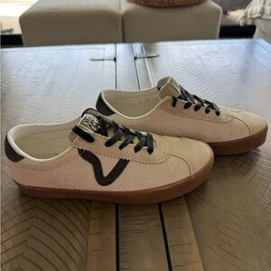 Vans Cream Suede Sneakers with Black Details and Gum Sole